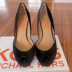 EUC Michael Kora Black Suede Vail Peep Toe Wedge -  Size 10M